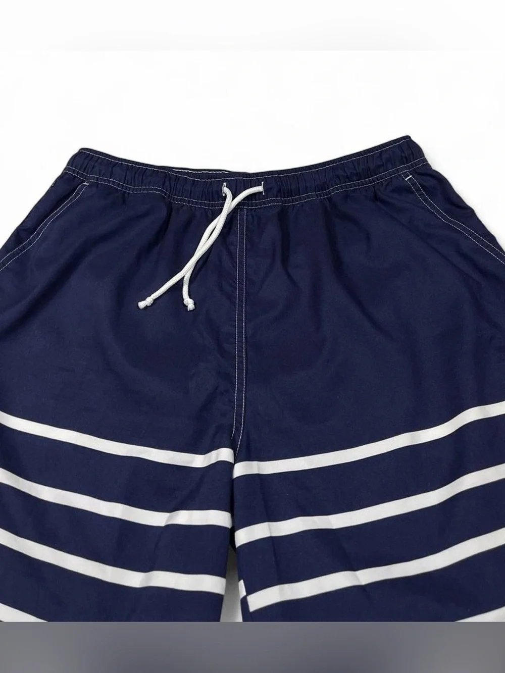NWOT Peter Millar Navy Striped Swim Trunks Men’s Size L L8 Lined Logo Beach